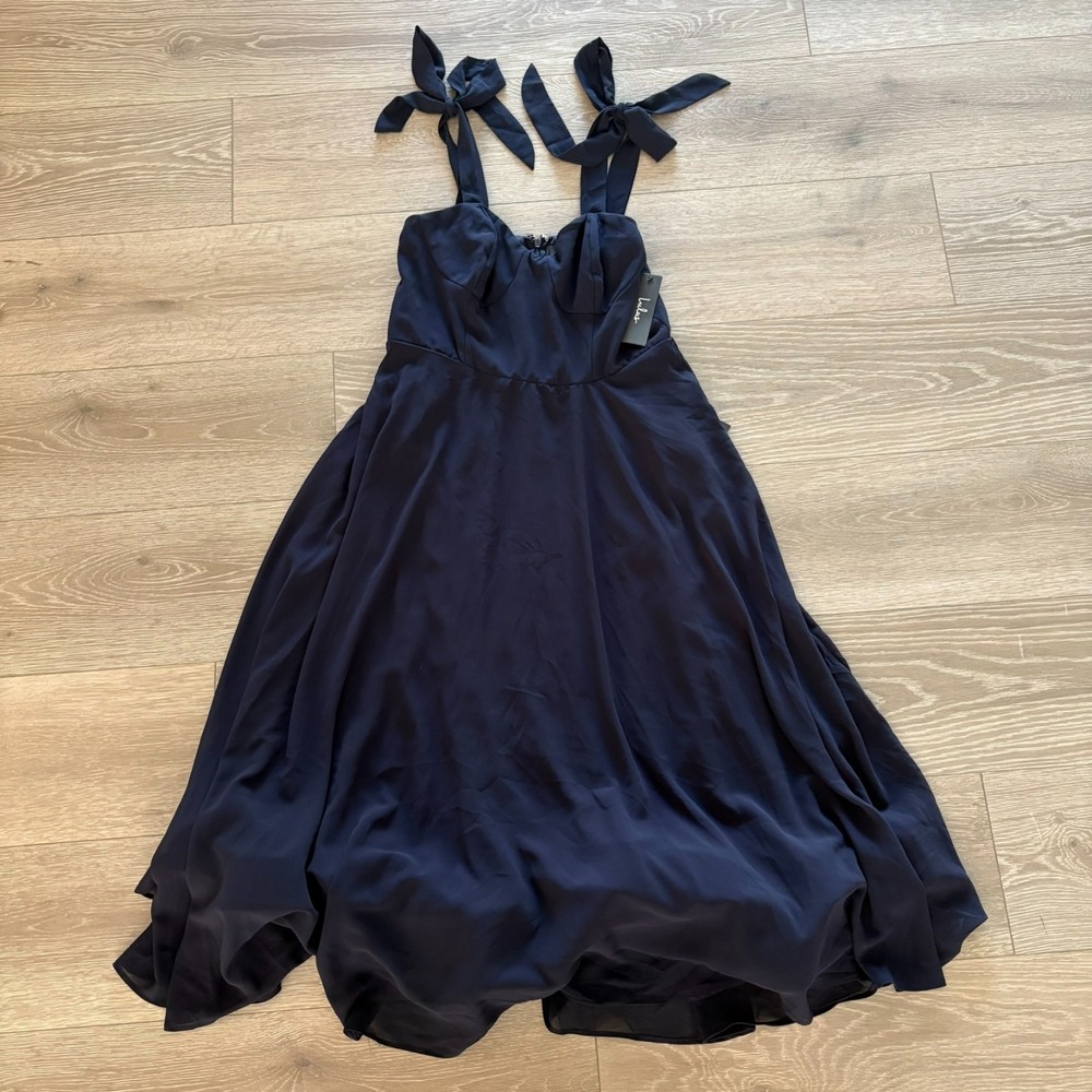 NWT Lulus Womens Navy Blue Sophisticated Charisma Tie-Strap‎ A-Line Midi Dress L